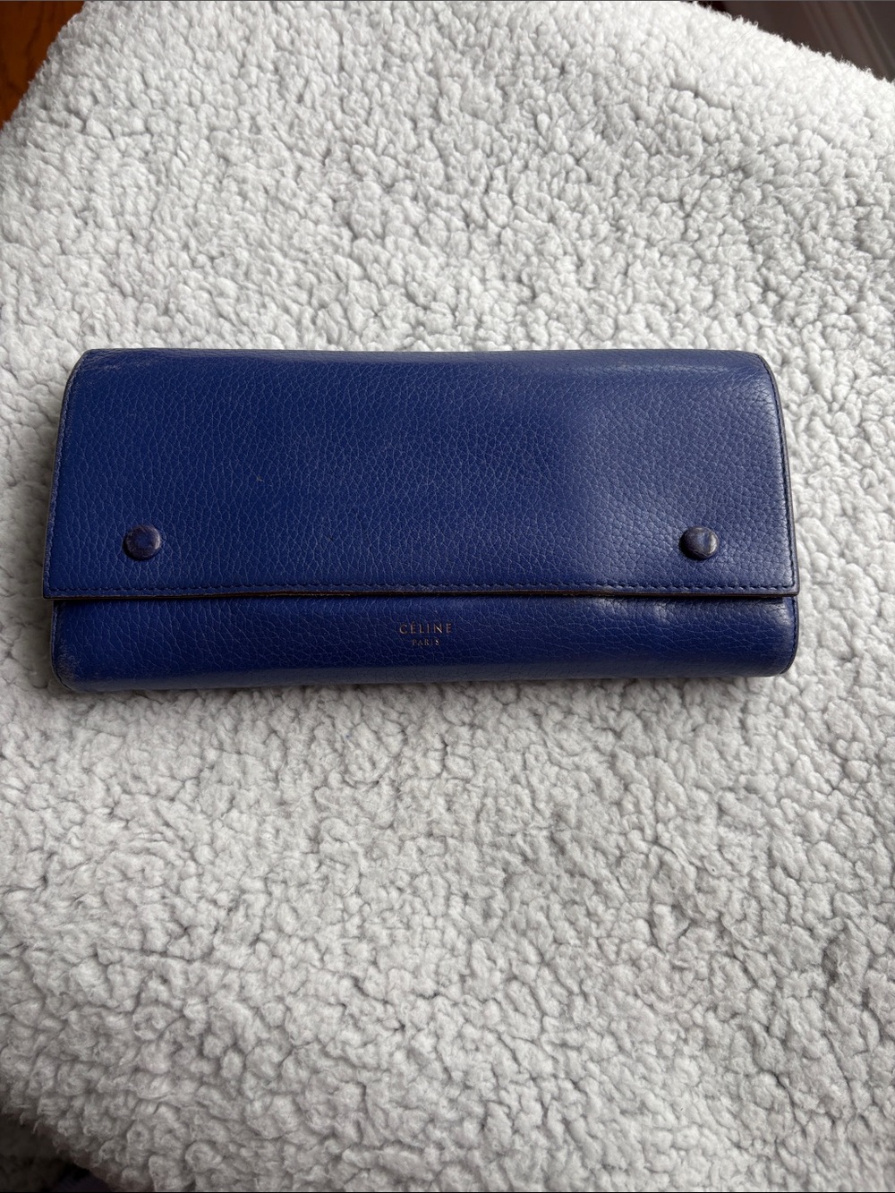 Celine Large DBL Snap Flap Indigo Blue Grained Calfskin Leather Long Wallet